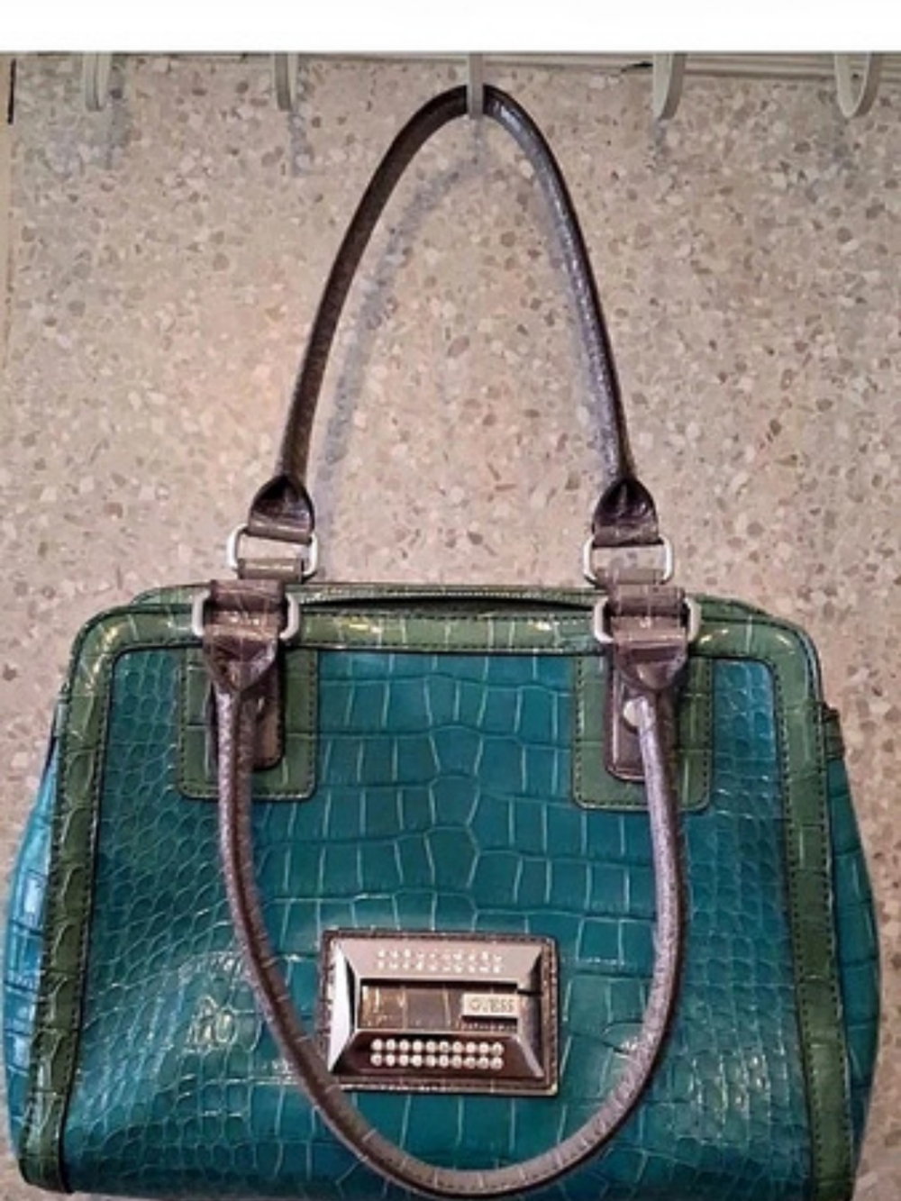 GUESS Y2K Blue Green Gray Patent Faux Croc Bling G Logo Shoulder Bag